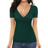 image:imageMANGOPOP Womens Cross Wrap Ruched Plunge Sexy Deep V Neck Slim Fit Short Sleeve T Shirt Tunic Tops TeeGreen