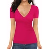 image:imageMANGOPOP Womens Cross Wrap Ruched Plunge Sexy Deep V Neck Slim Fit Short Sleeve T Shirt Tunic Tops TeePink
