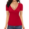image:imageMANGOPOP Womens Cross Wrap Ruched Plunge Sexy Deep V Neck Slim Fit Short Sleeve T Shirt Tunic Tops TeeRed
