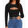 image:imageMANGOPOP Womens Cutout Front Long Sleeve Short Sleeve Bodysuit Round Neck Body Suits Sexy Going Out Fall TopsA Long Sleeve Black