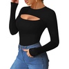 image:imageMANGOPOP Womens Cutout Front Long Sleeve Short Sleeve Bodysuit Round Neck Body Suits Sexy Going Out Fall TopsA Long Sleeve Black