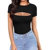 image:imageMANGOPOP Womens Cutout Front Long Sleeve Short Sleeve Bodysuit Round Neck Body Suits Sexy Going Out Fall TopsA Short Sleeve Black