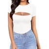 image:imageMANGOPOP Womens Cutout Front Long Sleeve Short Sleeve Bodysuit Round Neck Body Suits Sexy Going Out Fall TopsA Short Sleeve White