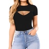 image:imageMANGOPOP Womens Cutout Front Long Sleeve Short Sleeve Bodysuit Round Neck Body Suits Sexy Going Out Fall TopsB Short Sleeve Black