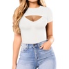 image:imageMANGOPOP Womens Cutout Front Long Sleeve Short Sleeve Bodysuit Round Neck Body Suits Sexy Going Out Fall TopsB Short Sleeve White