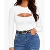 image:imageMANGOPOP Womens Cutout Front Long Sleeve Short Sleeve Bodysuit Round Neck Body Suits Sexy Going Out Fall TopsC Long Sleeve White