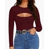 image:imageMANGOPOP Womens Cutout Front Long Sleeve Short Sleeve Bodysuit Round Neck Body Suits Sexy Going Out Fall TopsLong Sleeve Burgundy