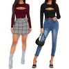 image:imageMANGOPOP Womens Cutout Front Long Sleeve Short Sleeve Bodysuit Round Neck Body Suits Sexy Going Out Fall TopsLong Sleeve Burgundy