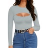 image:imageMANGOPOP Womens Cutout Front Long Sleeve Short Sleeve Bodysuit Round Neck Body Suits Sexy Going Out Fall TopsLong Sleeve Elephant Grey