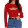 image:imageMANGOPOP Womens Cutout Front Long Sleeve Short Sleeve Bodysuit Round Neck Body Suits Sexy Going Out Fall TopsLong Sleeve Red