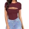 image:imageMANGOPOP Womens Cutout Front Long Sleeve Short Sleeve Bodysuit Round Neck Body Suits Sexy Going Out Fall TopsShort Sleeve Burgundy