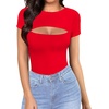image:imageMANGOPOP Womens Cutout Front Long Sleeve Short Sleeve Bodysuit Round Neck Body Suits Sexy Going Out Fall TopsShort Sleeve Red