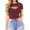 image:imageMANGOPOP Womens Cutout Front Long Sleeve Short Sleeve Bodysuit Round Neck Body Suits Sexy Going Out Fall TopsShort Sleeve Y Burgundy