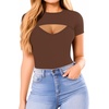 image:imageMANGOPOP Womens Cutout Front Long Sleeve Short Sleeve Bodysuit Round Neck Body Suits Sexy Going Out Fall TopsShort Sleeve Y Coffee
