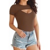 image:imageMANGOPOP Womens Cutout Front Long Sleeve Short Sleeve Bodysuit Round Neck Body Suits Sexy Going Out Fall TopsShort Sleeve Y Coffee