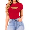 image:imageMANGOPOP Womens Cutout Front Long Sleeve Short Sleeve Bodysuit Round Neck Body Suits Sexy Going Out Fall TopsShort Sleeve Y Red