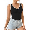 image:imageMANGOPOP Womens Deep V Neck Tank Top Bodysuit Sexy Thong Double Lined Body Suit Sleeveless Backless Plunge Going Out Tops03 Contrast Black