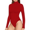 image:imageMANGOPOP Womens Long Sleeve Thermal Fleece Bodysuit Mock Turtle Neck Body Suit Slim Warm Base Layer Tops Fall Outfits 2025Red