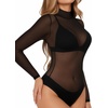 image:imageMANGOPOP Womens Mesh Bodysuit Sheer Geo Print Short Sleeve Long Sleeve Body Suit Sexy See Through Shirt TopsB01 Long Sleeve High Neck Black