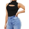 image:imageMANGOPOP Womens Mock Neck Cutout Front Bodysuit Long Sleeve Sleeveless Turtle Neck Body Suits Sexy Tops01 Black Sleeveless