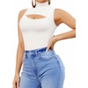 image:imageMANGOPOP Womens Mock Neck Cutout Front Bodysuit Long Sleeve Sleeveless Turtle Neck Body Suits Sexy Tops01 White Sleeveless