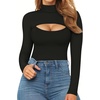 image:imageMANGOPOP Womens Mock Neck Cutout Front Bodysuit Long Sleeve Sleeveless Turtle Neck Body Suits Sexy Tops02 Black Long Sleeve