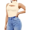 image:imageMANGOPOP Womens Mock Neck Cutout Front Bodysuit Long Sleeve Sleeveless Turtle Neck Body Suits Sexy Tops04 Beige Sleeveless
