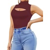 image:imageMANGOPOP Womens Mock Neck Cutout Front Bodysuit Long Sleeve Sleeveless Turtle Neck Body Suits Sexy Tops04 Burgundy Sleeveless
