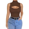 image:imageMANGOPOP Womens Mock Neck Cutout Front Bodysuit Long Sleeve Sleeveless Turtle Neck Body Suits Sexy Tops04 Coffee Sleeveless
