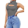 image:imageMANGOPOP Womens Mock Neck Cutout Front Bodysuit Long Sleeve Sleeveless Turtle Neck Body Suits Sexy Tops04 Dark Heather Grey Sleeveless