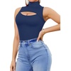 image:imageMANGOPOP Womens Mock Neck Cutout Front Bodysuit Long Sleeve Sleeveless Turtle Neck Body Suits Sexy Tops04 Deep Blue Sleeveless