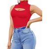 image:imageMANGOPOP Womens Mock Neck Cutout Front Bodysuit Long Sleeve Sleeveless Turtle Neck Body Suits Sexy Tops04 Red Sleeveless