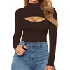 image:imageMANGOPOP Womens Mock Neck Cutout Front Bodysuit Long Sleeve Sleeveless Turtle Neck Body Suits Sexy Tops05 Coffee Long Sleeve