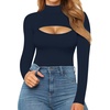 image:imageMANGOPOP Womens Mock Neck Cutout Front Bodysuit Long Sleeve Sleeveless Turtle Neck Body Suits Sexy Tops05 Deep Blue Long Sleeve