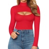 image:imageMANGOPOP Womens Mock Neck Cutout Front Bodysuit Long Sleeve Sleeveless Turtle Neck Body Suits Sexy Tops05 Red Long Sleeve