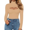 image:imageMANGOPOP Womens Mock Neck Cutout Front Bodysuit Long Sleeve Sleeveless Turtle Neck Body Suits Sexy TopsMocha Fleece Lined