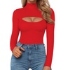 image:imageMANGOPOP Womens Mock Neck Cutout Front Bodysuit Long Sleeve Sleeveless Turtle Neck Body Suits Sexy TopsRed Fleece Lined