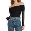 image:imageMANGOPOP Womens Off The Shoulder Long Sleeve Bodysuit Sexy Sheer Mesh Top Double Lined Body Suits Fall Outfit 202501 Black