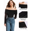 image:imageMANGOPOP Womens Off The Shoulder Long Sleeve Bodysuit Sexy Sheer Mesh Top Double Lined Body Suits Fall Outfit 202501 Black
