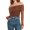 image:imageMANGOPOP Womens Off The Shoulder Long Sleeve Bodysuit Sexy Sheer Mesh Top Double Lined Body Suits Fall Outfit 2025Deep Coffee