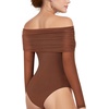 image:imageMANGOPOP Womens Off The Shoulder Long Sleeve Bodysuit Sexy Sheer Mesh Top Double Lined Body Suits Fall Outfit 2025Deep Coffee