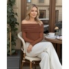 image:imageMANGOPOP Womens Off The Shoulder Long Sleeve Bodysuit Sexy Sheer Mesh Top Double Lined Body Suits Fall Outfit 2025Deep Coffee