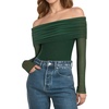 image:imageMANGOPOP Womens Off The Shoulder Long Sleeve Bodysuit Sexy Sheer Mesh Top Double Lined Body Suits Fall Outfit 2025Deep Green