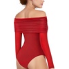 image:imageMANGOPOP Womens Off The Shoulder Long Sleeve Bodysuit Sexy Sheer Mesh Top Double Lined Body Suits Fall Outfit 2025Red