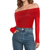 image:imageMANGOPOP Womens Off The Shoulder Long Sleeve Bodysuit Sexy Sheer Mesh Top Double Lined Body Suits Fall Outfit 2025Red