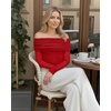 image:imageMANGOPOP Womens Off The Shoulder Long Sleeve Bodysuit Sexy Sheer Mesh Top Double Lined Body Suits Fall Outfit 2025Red