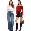 image:imageMANGOPOP Womens Off The Shoulder Long Sleeve Bodysuit Sexy Sheer Mesh Top Double Lined Body Suits Fall Outfit 2025Red