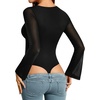 image:imageMANGOPOP Womens Square Neck Bell Sleeve Bodysuit Mesh Double Lined Body Suits Trend Going Out Tops Fall Outfits 2025A01 Black
