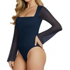 image:imageMANGOPOP Womens Square Neck Bell Sleeve Bodysuit Mesh Double Lined Body Suits Trend Going Out Tops Fall Outfits 2025Deep Blue