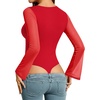 image:imageMANGOPOP Womens Square Neck Bell Sleeve Bodysuit Mesh Double Lined Body Suits Trend Going Out Tops Fall Outfits 2025Red